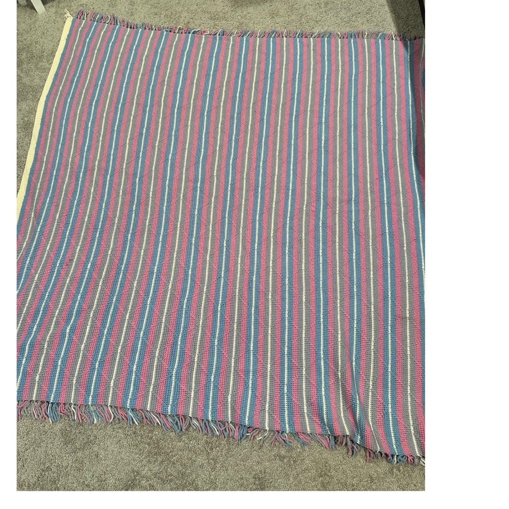 Handmade Crochet Blanket Throw Pink Blue‎ Gray White Striped Afghan Cottage - Picture 8 of 8
